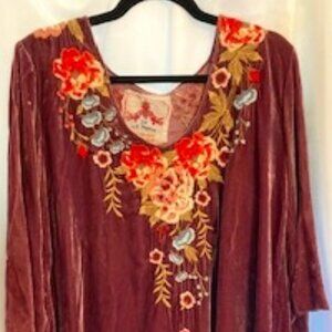 WOW! Johnny Was Sparkly GOLD Thread in Floral Embroidered Tunic VELVET size LG